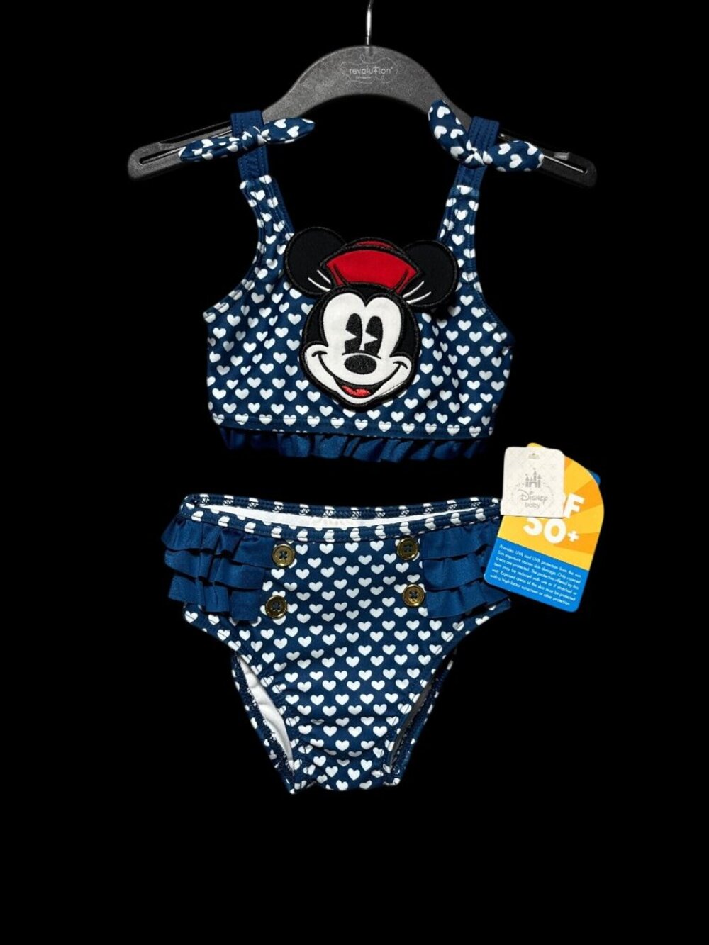 NWT Disney Baby Girls 18-24 Month Mickey Mouse 2-Piece Swimsuit Navy White Heart